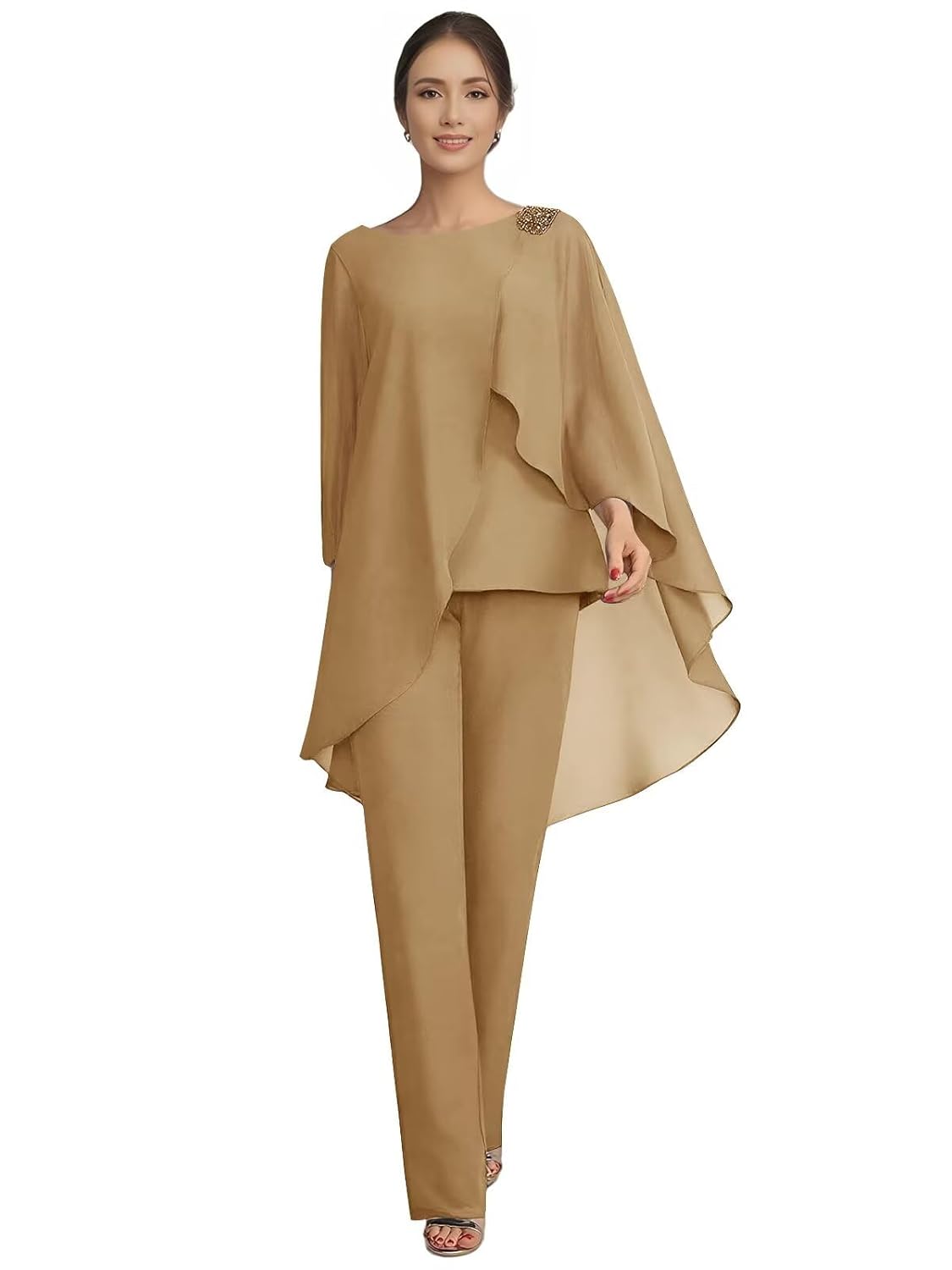 Mother of The Bride Pant Suits for Wedding Chiffon 2 Piece Pant Suit Cape Long Sleeve Formal Wedding