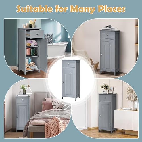 GOFLAME Bathroom Storage Cabinet, Freestanding Wooden Storage Cabinet with Large Drawer, 2 Float Shelves with 7 Positions, Bathroom Floor Cabinet Organizer for Living Room, Gray - Thumbnail 7