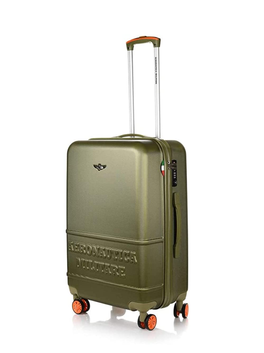 Aeronautica Militare Trolley rigido 4 ruote piroettanti organizzato con doppio scomparto, ferma abiti e divisorio a rete con zip, maniglia laterale e superiore. Chiusura TSA con combinazione. 77 x 51
