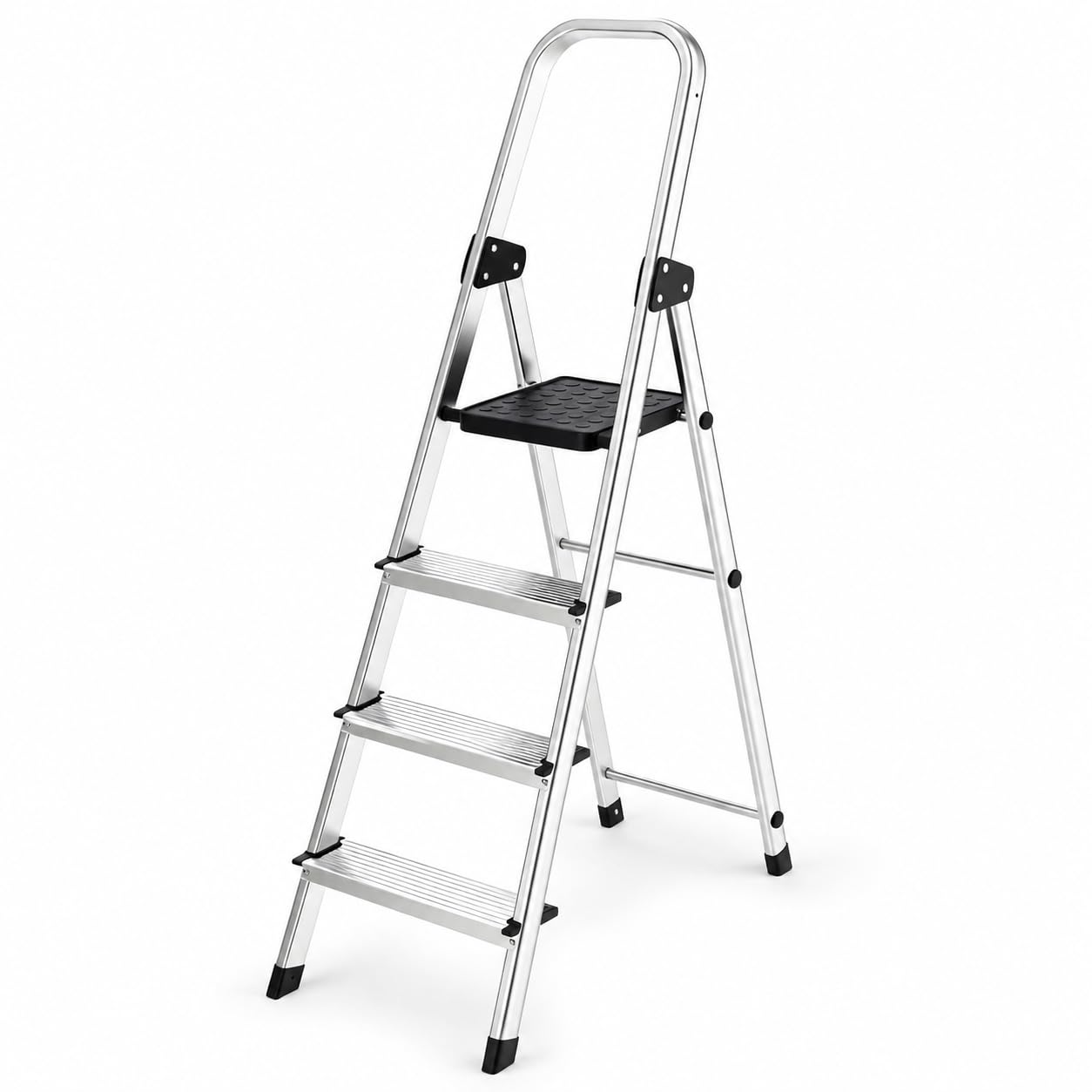 Scala in Alluminio 4 Gradini - Portata 150kg, Certificata EN131 - Antiscivolo, Ultraleggera e Salvaspazio - Uso Domestico e Lavorativo - Pratica da Aprire, Chiudere e Riporre (1 Scala, 3+1 Gradini)