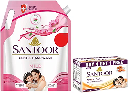 Image of Santoor Mild Handwash, 1500 ml & Santoor Sandal and Almond Milk Soap (Buy 4 Get 1 Free 125g each)