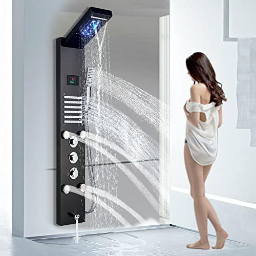 Panel de Ducha LED con Torre, Chorro Cascada y Lluvia, Sistema de Masaje y Grifo — Acabado Negro y Dorado Cepillado miniatura 1
