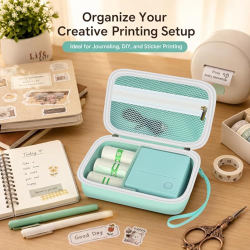 Image of Large Printer Case for TYPONOS, for Memoking T02, for ETIKEZ, for Phomemo M02 /T02 /M02S /M02 Pro /M02X, EVA Portable Storage Holder with Removable Divider for Mini Printer, Labels & Cable, Green