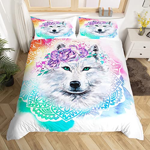 Erosebridal Wolf Bedding Set Lotus Tie Dye Comforter Cover Mandala Flower Exotic Tribal Duvet Cover for Kids Boys Girls Green Eyes Wild Animal Marble Bedspreads Cover 2Pcs Twin Size Purple Pink