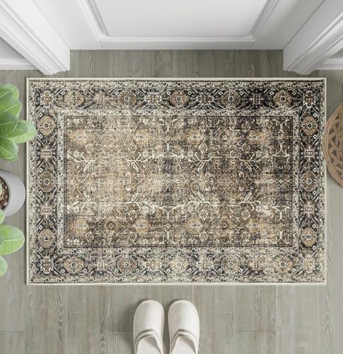 PureCozy Brown Entryway Rug 2x3 Vintage Area Carpet Indoor Kitchen Washable Door Mat Living Room Entrance Small Low Pile Traditional Distressed Retro Accent Throw Rug Non Slip Office Bathroom