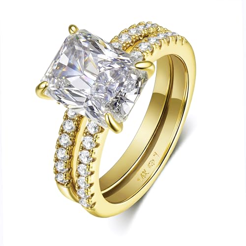 LUCA SMITH 1.5CT CZ Bridal Set for Women 14K Gold Plated Cubic Zirconia Square Round Cut Wedding Bands Engagement Promise Ring AAAAA Simulated Diamond Stackable Anniversary Eternity Rings for Her