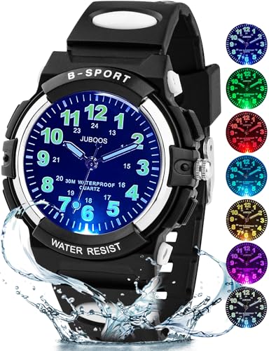 Juboos Kids Watch Analog with 7 Colorful Night Lights Boys Girls Waterproof Soft Strap Kids Time Teaching Quartz Wristwatch for Ages 5-18