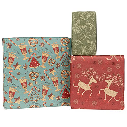 K-Kraft Vintage Prints Christmas Kraft Wrapping Paper Sets - 112.5 Square Feet Per Set (Mistletoe-Reindeer-Sodashoppe) #TOP4