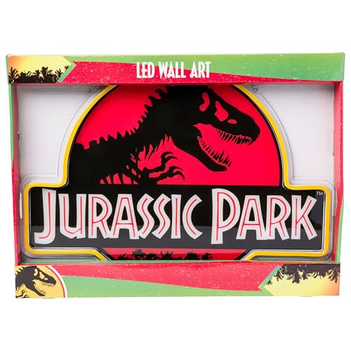 Image of Silver Buffalo Jurassic Park LED Neon Wall Art Die Cut 19 inch x .59 inch x 14 inch | Tyrannosaurus rex logo design, LED neon tube accents, Ready to display decor piece, Boxed presentation packaging
