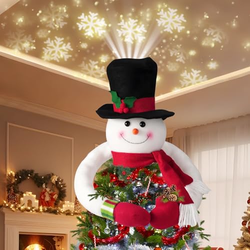 QCBF Lighted Christmas Tree Topper Christmas Snowman Tree Topper Projector 3D LED Snowman Hat with Rotating Snowflake Projection, Festive Holiday Decoration for Christmas Tree&Home Décor