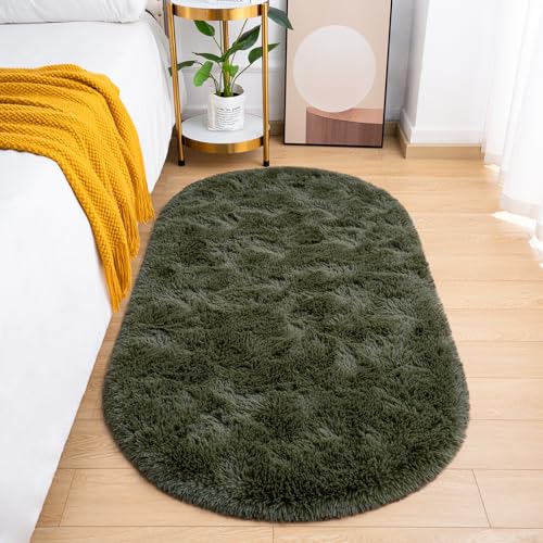 Goideal Fluffy Bedroom Rug, Small Oval Area Rugs, Olive Green