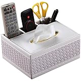 Multifunction PU Leather Tissue Box Holder with Stationery Remote Control Box, Decorative Tissue Pen Pencil Remote Organizer for Home and Office Use(White)