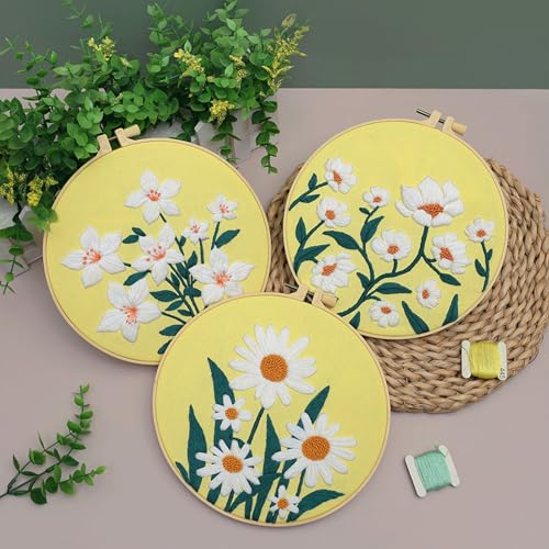 Image of Louise Maelys 3 Pack Floral Embroidery Kit for Beginners with Supplies | Pre-printed Patterns|Hoop| Threads|Instructions|Ideal Cross Stitch Kits for Adults|DIY Needlepoint Kit for Starter Supplies