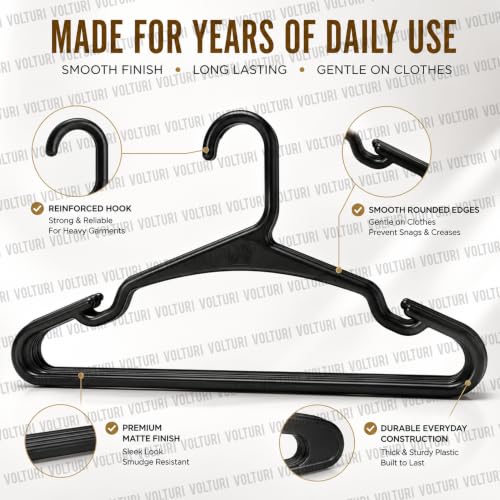 Image of VOLTURI 16 Pcs Hangers for Clothes Hanging, Premium Plastic Clothes Hangers, Wardrobe Organizers for Heavy Garments, Shirts, Pants, Dresses & Suits Water Resistant Non-Slip Design for Closet (Black)