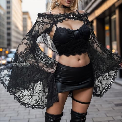 Goth Bolero Shrug Women Lace Sheer Mesh Gothic Flare Sleeve Emo3