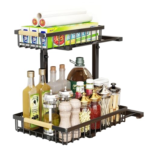 JOUING Almacenaje Bajo Fregadero de Metal Organizador Cocina 2 Niveles con Mango de Madera Cajones Extraible con Altura Regulable Estante de Almacenamiento para Cocina, Baño (Negro, 1 Paquete)