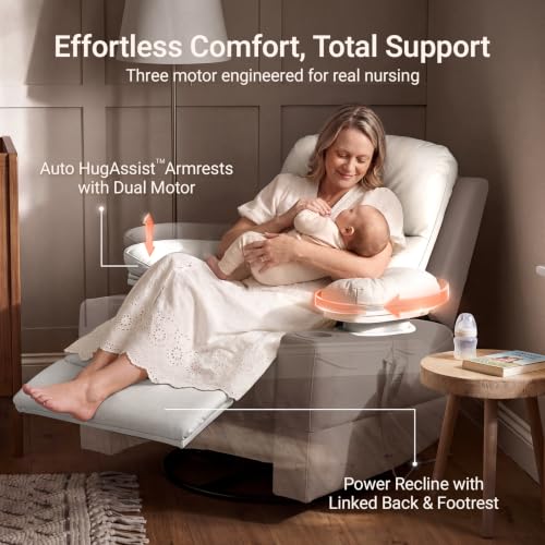 Image of MAMAZING Lullapod Power Nursery Rocking Chair with HugAssist Armrest | Triple Motor Power Nursing Recliner with 270 Swivel Glider & Quiet Rocking, Dual Charging Ports & Built-In Storage