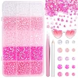 12000 Pcs Pink White Flatback Pearls and Rhinestones for Crafting, 3-5 mm Jelly Resin Rhinestones, Mixed Size Half Pearl Bedazzling Gems for Nail DIY Crafts Mugs Bottles Tumblers Clothes Makeup