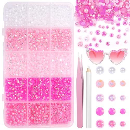 12000 Pcs Pink White Flatback Pearls and Rhinestones for Crafting, 3-5 mm Jelly Resin Rhinestones, Mixed Size Half Pearl Bedazzling Gems for Nail DIY Crafts Mugs Bottles Tumblers Clothes Makeup