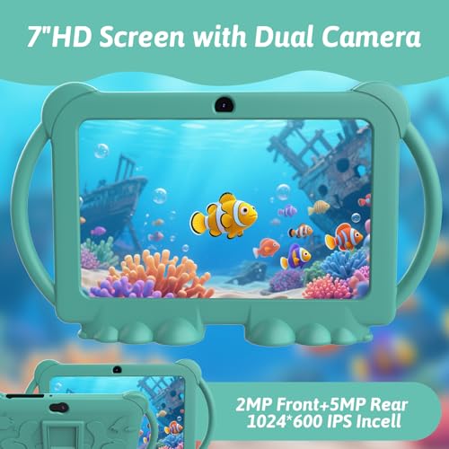 Image of HOTTABLET 7 Inch Android 12 Kids Tablet, 4GB RAM, 32GB ROM, 512GB Expansion, Parental Control, WiFi Bluetooth, Dual Camera with Silicone Case, 1PC (Green)