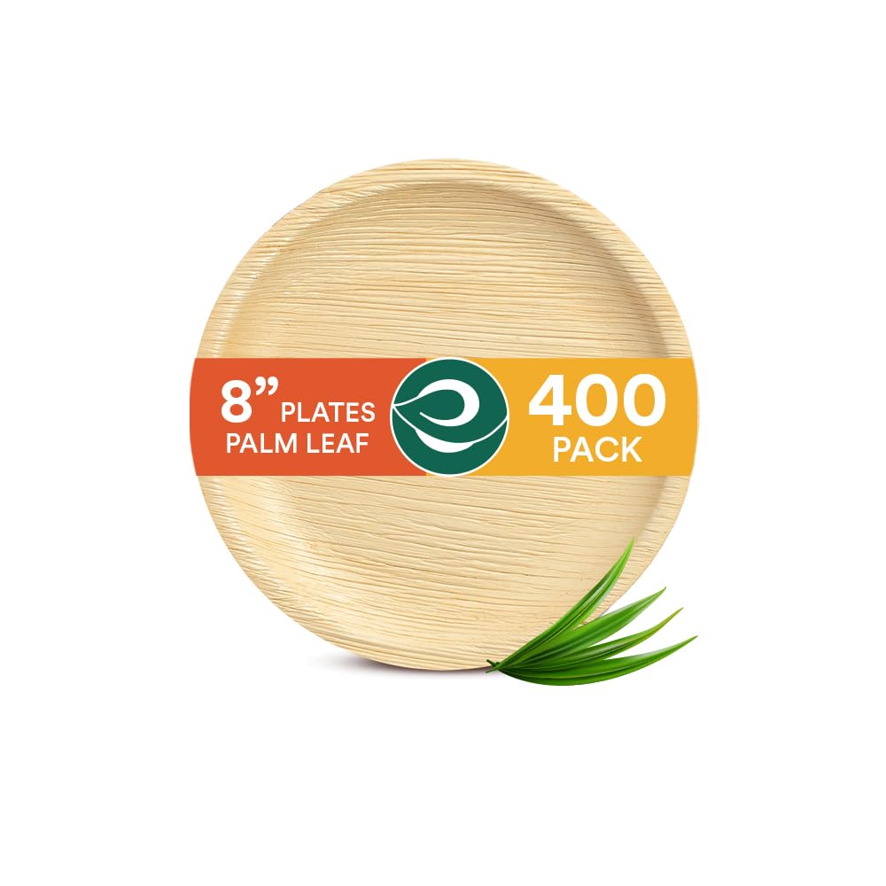 ECO SOUL Compostable 8 Inch Palm Leaf Round Plates (400 Count) Like Bamboo Plates | Biodegradable | Eco-Friendly, Microwave & Oven Safe