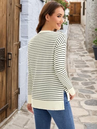 Womens Striped Sweater Side Slits Knit Long Sleeve Crew Neck Oversized Pullover Tops Fall Casual Outfits4