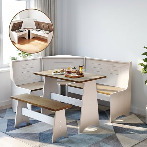 ENOR 3-4 People Breakfast Nook Table Set L-Shaped Corner Dining Table with Bench Hidden Storage Space Saving Convertible for Family Home White Brown Wood
