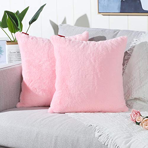 Image of MANDIOO Pack of 2 Pink Faux Fur Fuzzy Cozy Soft Decorative Throw Pillow Covers Set Cushion Cases Pillowcases for Sofa Bedroom Car 18x18 Inches