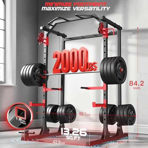 Image of OPPSDECOR Power Cage, 2000LBS Squat Rack with Dual Pulley Cable Crossover System, Multifunctional Power Rack with More Training Attachments for Home Gym, Weight Cage Fits Compact Space