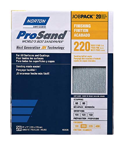 Norton ProSand 07660768167 Sanding Sheet, 11 in L, 9 in W, Very Fine, 220 Grit, Aluminum Oxide Abrasive, Paper Backing