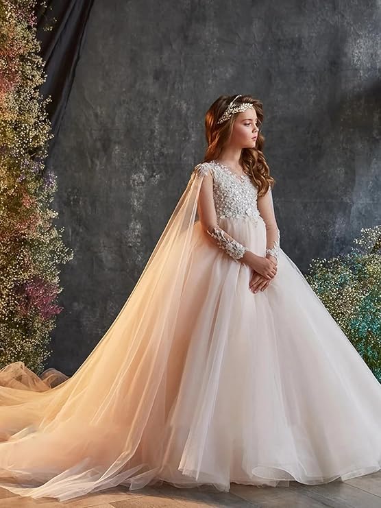 GZCYL Blush Pink Flower Girl Dress Long Sleeves Luxury Lace Applique Girls Pageant Dresses with Shawl3