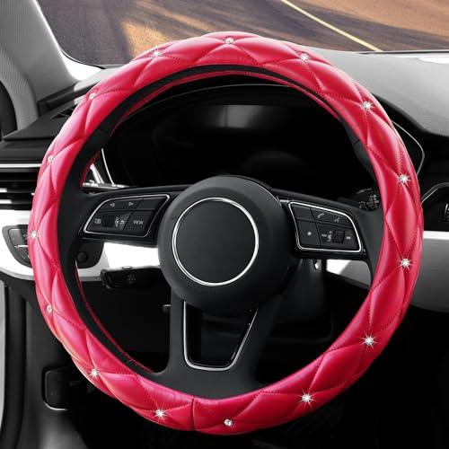 Image of YOGURTCK Cute Diamond Soft Leather Anti-Slip Steering Wheel Cover with Bling Bling Crystal Rhinestones, Universal 15 Inch for Women Girls, Fit Vehicles, Sedans, SUVs, Vans, Trucks - Red