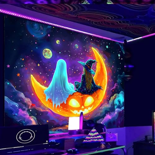 Image of Nuxovilar Spooky Pumpkin Wall Tapestry Polyester 78.74x59.05 In | Glow Poster Trippy Wall Art Holiday Decor UV Backdrop Living Room Bedroom Lounge Space Room (Pumpkin Moon Boat)