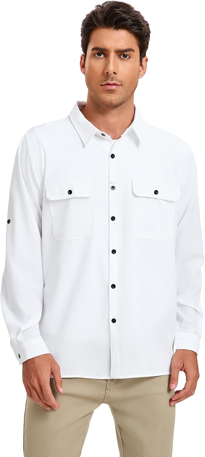 Men's UPF 50+ Sun Protection Fishing Shirts Long Sleeve Quick Dry Cooling Hiking Safari Button Down Shirt Roll Up Sleeve