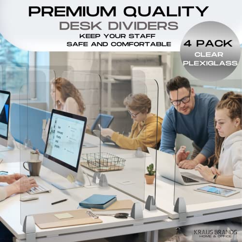4 Pack - Desk Divider Office Partitions - Crystal Clear Acrylic Plexiglass. Adjustable Silver Clamps Included. Desk Divider For Schools Or Offices. Clear Plexiglass Sneeze Guard, 22X22 Inches. #TOP1