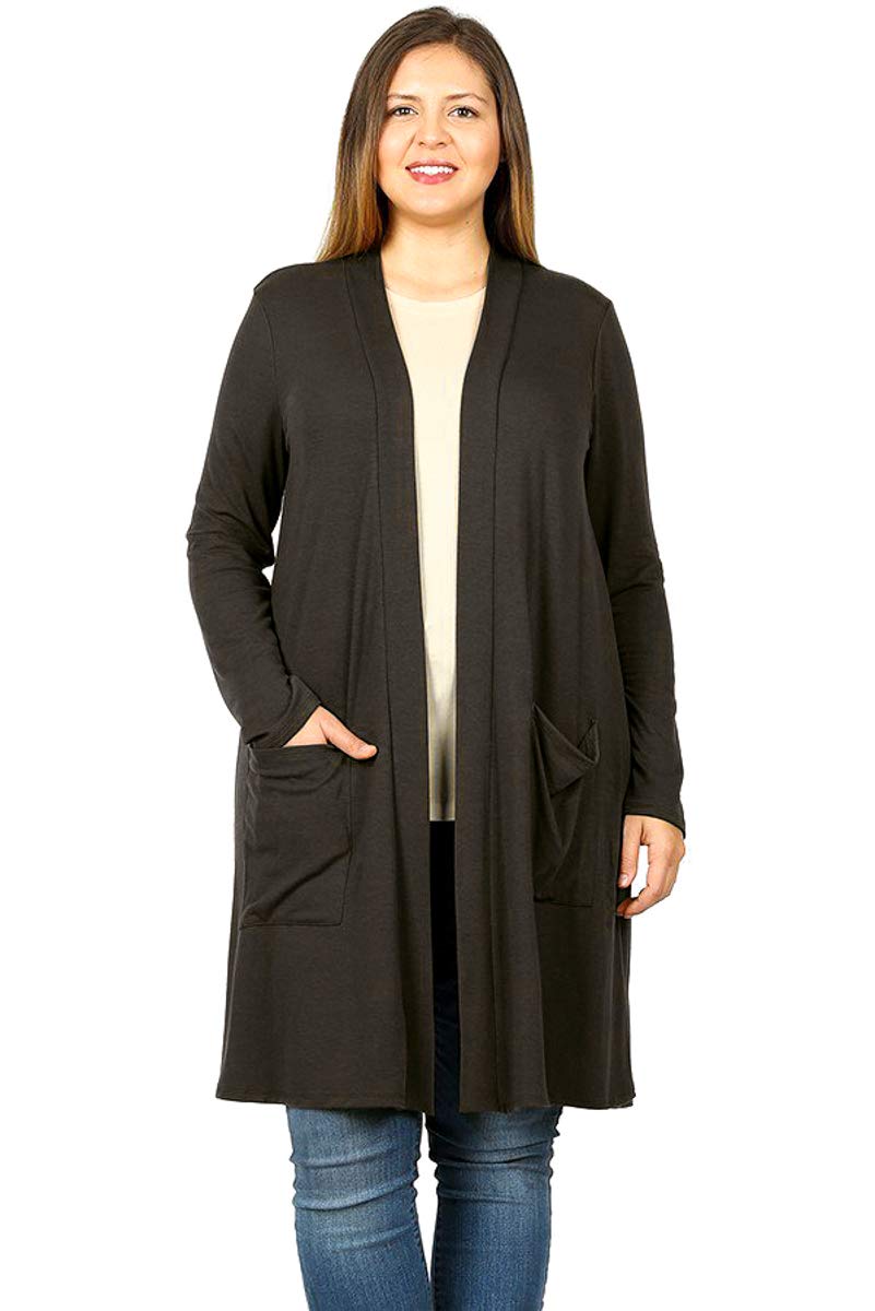 Modern Kiwi Women's Plus Size Solid Long Sleeve Open Front Pocket Cardigan (1X-3X)