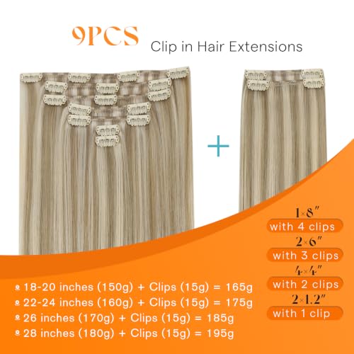 Image of Sunny Hair Clip in Hair Extensions Real Human Hair Blonde 190g 26 Inch | Clip in Remy Human Hair Extensions Dark Blonde Highlights with Extra Long Hair and Fuller Ends for Event Hair