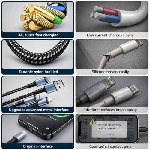 Image of 3-in-1 65W Multi Fast Charging Cable - 5A Nylon Braided 4FT Cable with Type-C & Micro USB for iPhone, iPad, Samsung,OnePlus,Xiaomi, Oppo,Vivo,Android & Car Charging (Black)