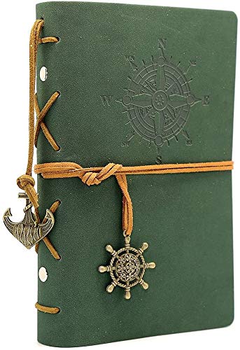 Vintage nachfüllbares Notizbuch mit leeren Seiten und Retro-Anhängern, Premium PU-Leder, klassisch geprägt, Reisetagebuch, Tagebuch, unliniertes Papier, matt grün Cover