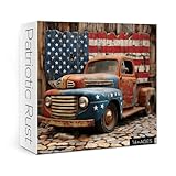 Beautiful Vintage Car Puzzles for Adults 1000 Pieces Art, Colorful Challenging American Flag Retro Jigsaw Puzzles, Pretty Patriotic Red Old Truck Puzzle