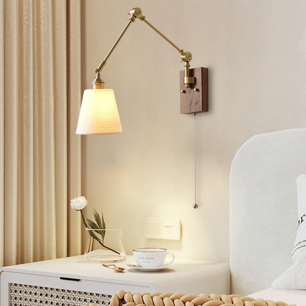 1 Confezione di Applique da Parete in Legno Vintage, Lampada da Parete con Braccio Girevole Regolabile con Paralume in Ceramica Bianca, Moderna Lampada da Parete in Ottone con Interruttore per so