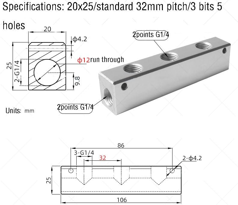 20x25 G1/4 to G1/4 Exhaust Thickened Split Teeth Exhaust Source Oil Water Distribution Shunt Block Straight-Through (Color : 3 Way (35mm))