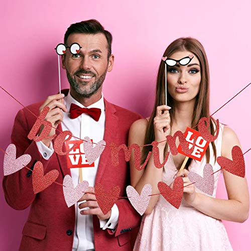 Image of FestikoRed Glittery Be Mine Banner and Pink and Red Heart Garland Banner for Valentines Day Decorations,Heart Decorations,Wedding Engagement Bachelorette Home Indoor Valentine Day Decor