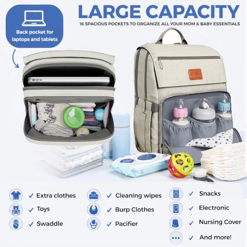 Image of Baby Shower Gifts Diaper Bag Backpack, Baby Diaper Bag, Large Baby Bag for Boys & Girls, Waterproof, 16 Pockets, Insulated Bottle Holders, Durable,Travel-Friendly & Lightweight,Easy Organization,Beige