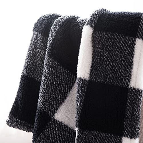 Bertte Fluffy Sherpa Throw Blanket Ultra Soft Warm Lightweight Plaid Shaggy Blanket For Couch Sofa Travel, Premium Reversible Decorative Faux Fur Blanket For All Seasons, 50"X 60", Checker Black #TOP1