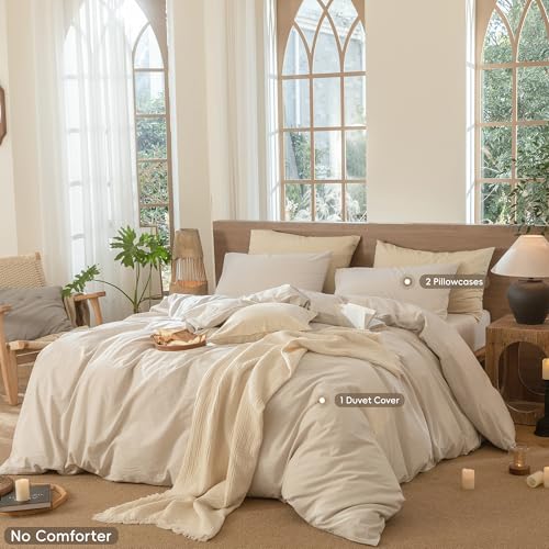 Image of MooMee Striped Duvet Cover Set 100% Washed Cotton Linen Like Oversized King | Relaxed Linen-like Texture. Soft, Breathable & Long-lasting Comfort. Lightweight. Hidden Zipper with 8 Interior Corner Ties