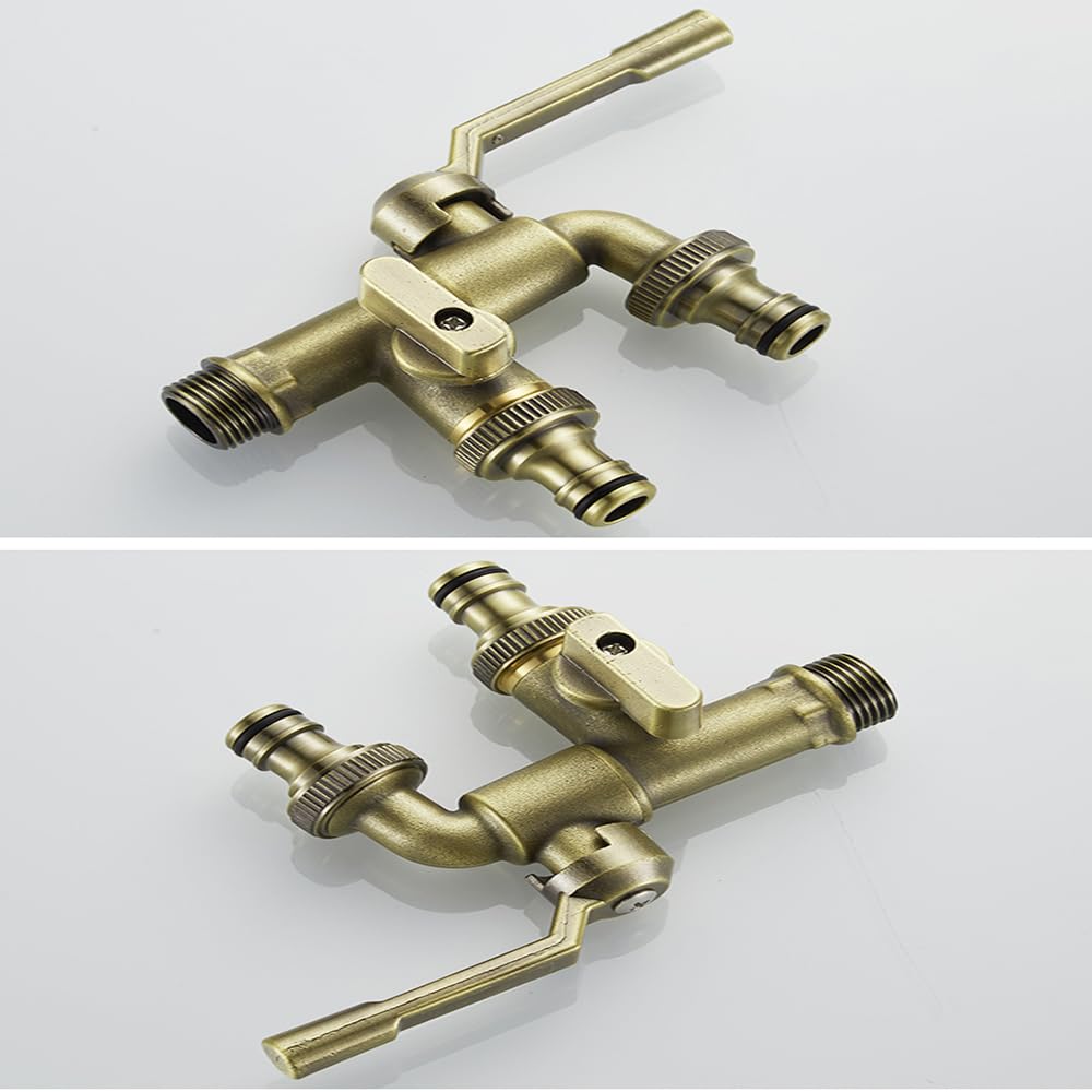 Grifo de jardín de doble salida – Grifo de agua de 1,27 cm para exteriores, conector de manguera de jardín de bronce anticongelante y resistente a la intemperie para un riego y riego eficientes