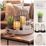 Mumufy Farmhouse Lanterns Set of 8 for Coffee Table, Rustic Centerpiece Tray Decor with Candle Holders, Pillar Candles, Eucalyptus, Wood Bead Garland & Blessed Sign for Dining Room Kitchen Mantel