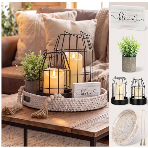 Mumufy Farmhouse Lanterns Set of 8 for Coffee Table, Rustic Centerpiece Tray Decor with Candle Holders, Pillar Candles, Eucalyptus, Wood Bead Garland & Blessed Sign for Dining Room Kitchen Mantel