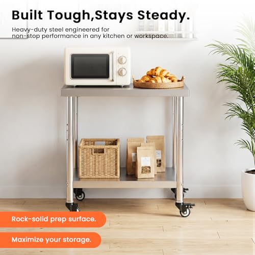 VANATIEN Stainless Steel Work Table with Wheels, 23.6 x 17.7 Inch Compact Rolling Cart, 2 Tier Adjustable Shelf Kitchen Cart Microwave Cart for Small Space Apartment Home Garage Outdoor Use — view 5